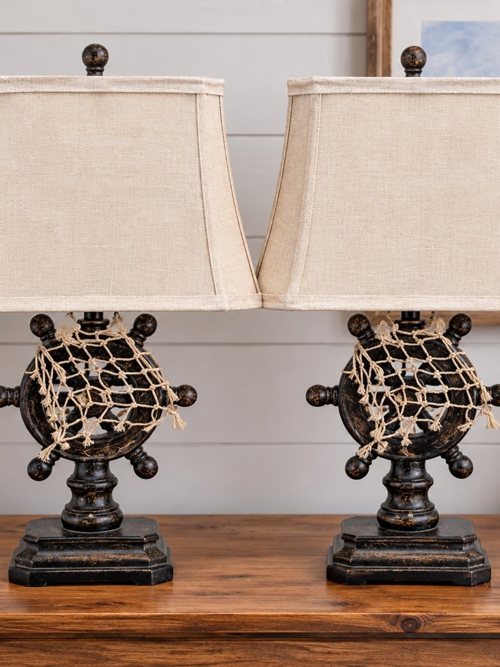 Coastal Rope Accent Table Lamp Pair in Beige and Distressed Black